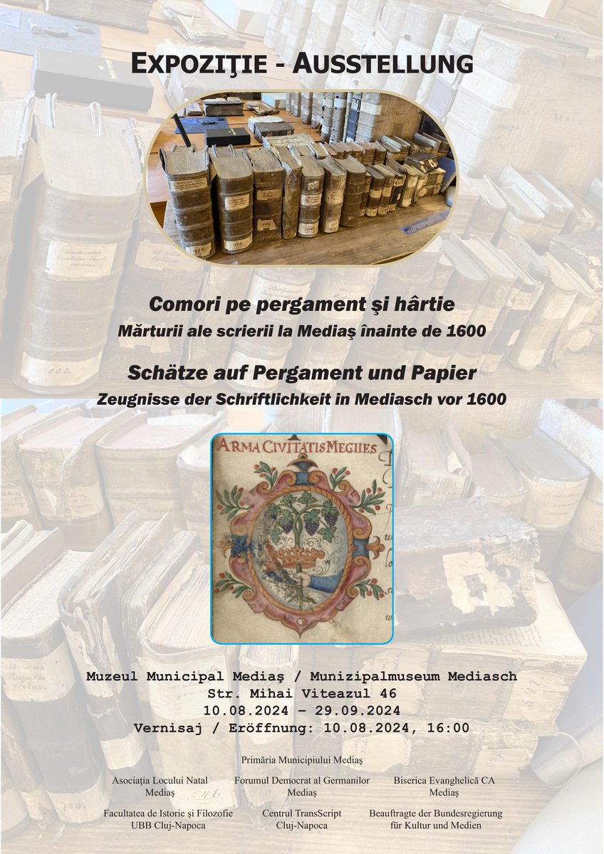 ScriptTrans's tweet image. Muzeul Municipal Mediaș găzduiește în perioada 10 august - 29 septembrie 2024 expoziția „Comori pe pergament și hârtie. Marturii ale scrierii la Mediaș înainte de 1600.”
monitoruldemedias.ro/2024/08/expozi…