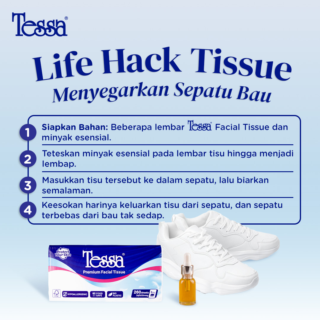 Life Hack Tissue: Menyegarkan Sepatu yang Bau.
Coba trik yang MinTess kasih ini, maka keesokan harinya, sepatu akan bebas bau tak sedap. Selamat mencoba!

#TissueYaTessa #LifeHacks  #Tips