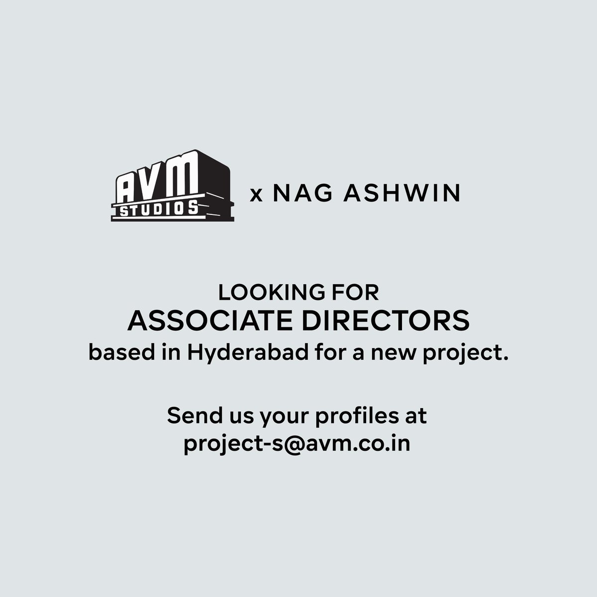 TalkCinemaTC's tweet image. #AVMStudios x #NagAshwin

Looking for #AssociateDirectors based in Hyderabad for a new project. Get in touch with us. 

@nagashwin7 @arunaguhan_ #AVMStudios