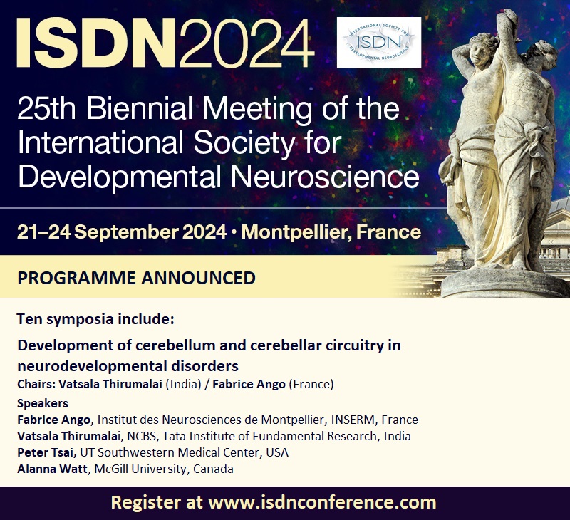 ISDN 2024 Conference (@isdnconference) on Twitter photo #ISDN2024 Symposium: Development of cerebellum and cerebellar circuitry in #neurodevelopmentaldisorders
Speakers: Fabrice Ango @FabriceAngo, Vatsala Thirumalai (<a href="/VatsalaT/">Vatsala Thirumalai</a>) <a href="/NCBS_Bangalore/">National Centre for Biological Sciences</a>, Peter Tsai <a href="/UTSWMedCenter/">UT Southwestern Medical Center</a>, Alanna Watt <a href="/McGillScience/">McGill Science</a>
Register at bit.ly/ISDN2024 #ISDN2024 Symposium: Development of cerebellum and cerebellar circuitry in #neurodevelopmentaldisorders
Speakers: Fabrice Ango @FabriceAngo, Vatsala Thirumalai (<a href="/VatsalaT/">Vatsala Thirumalai</a>) <a href="/NCBS_Bangalore/">National Centre for Biological Sciences</a>, Peter Tsai <a href="/UTSWMedCenter/">UT Southwestern Medical Center</a>, Alanna Watt <a href="/McGillScience/">McGill Science</a>
Register at bit.ly/ISDN2024