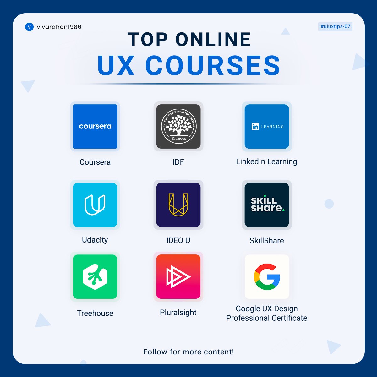 Vineetlky's tweet image. Top Online ux courses
.
.
.
#uxcourse #UXDesign #designer #designtips #uiuxtips #design #designweek #learndesign #learnux