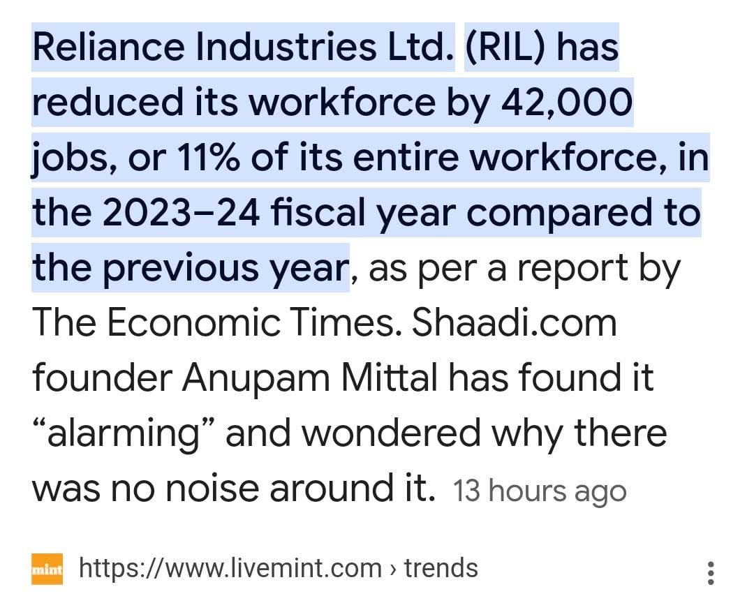 drmanishdoshi's tweet photo. Is this sign of Booming economy? #RIL #workForce #JobLost #ShadiEffect @PMOIndia @RahulGandhi https://t.co/Z96xh7TDOh