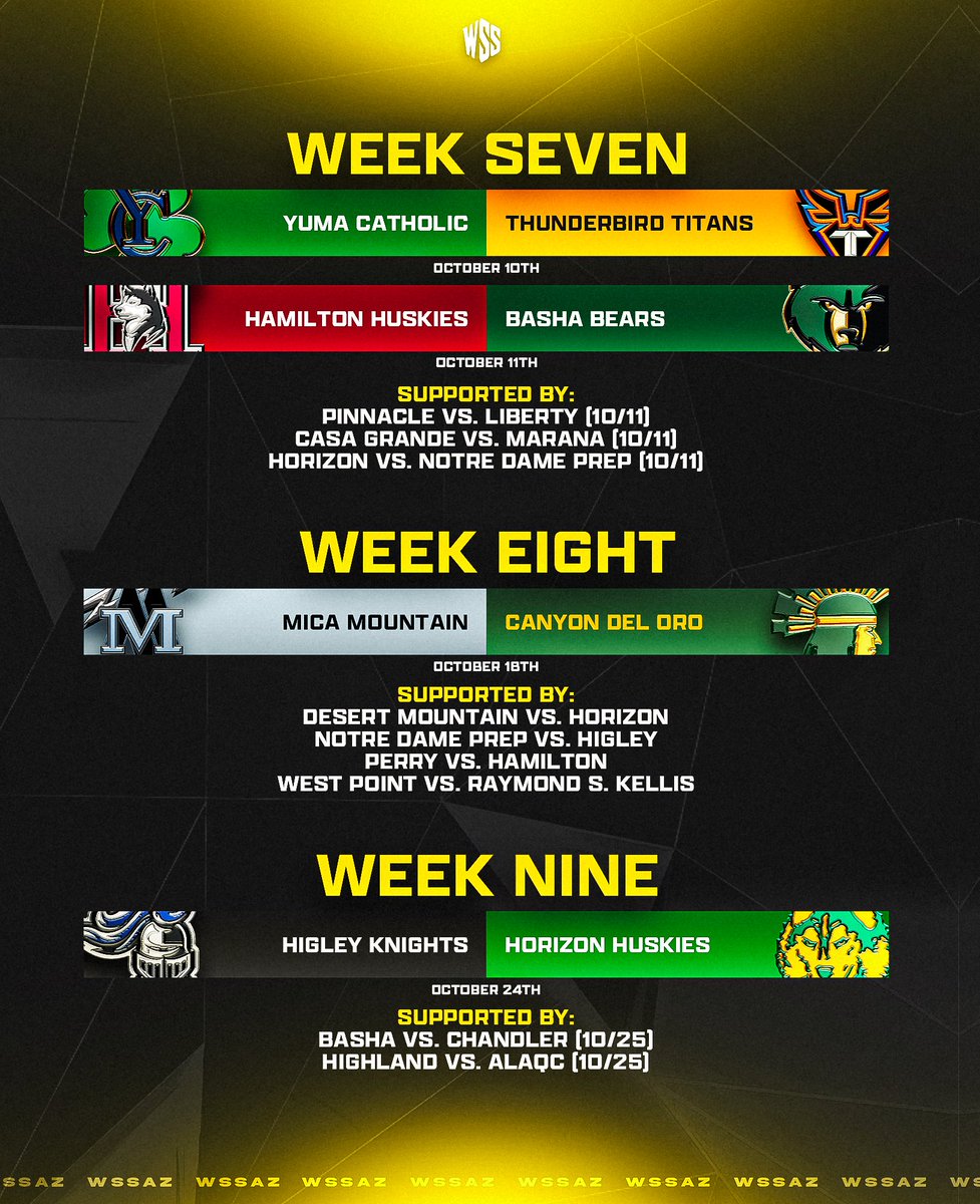 WSSArizona's tweet photo. WSS is excited to release our 2024 AZHSFB Game of the Week Schedule ⭐️ Featuring 14 Thursday and Friday Night games, as well as 25 supporting games from around the valley and SOAZ 🏜️ #WSSAZ https://t.co/WpEs6w6s3V