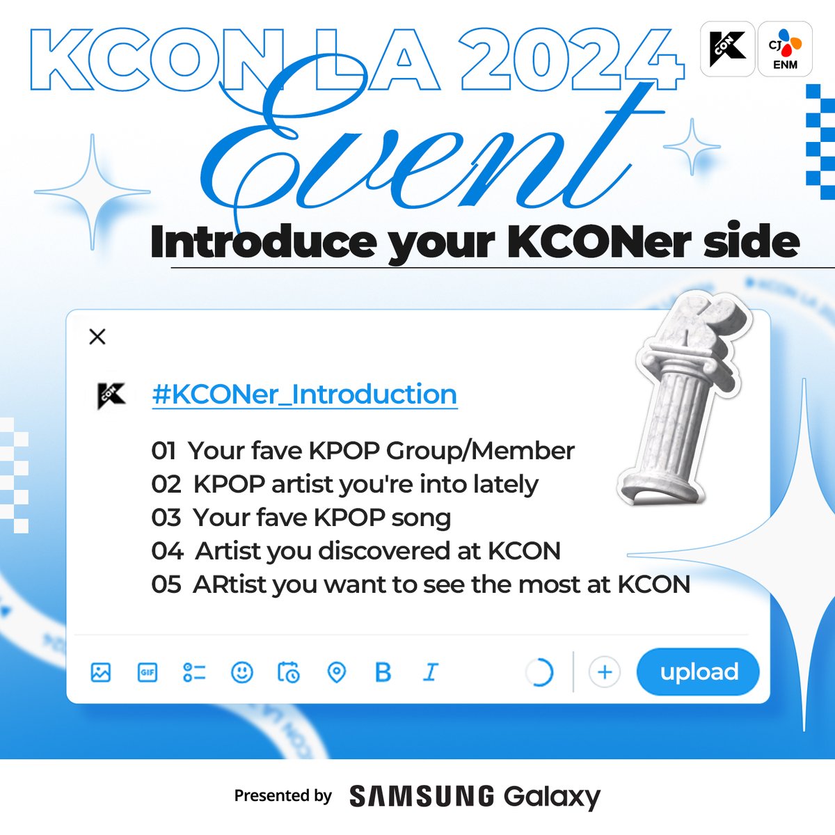 KCON_official's tweet photo. [#KCONLA2024] INTRODUCE YOUR KCONer SIDE ✍️
Leave a comment or QRT your KCONer side! 🙌

►01 Your fave KPOP Group/Member
►02 KPOP artist you're into lately
►03 Your fave KPOP song
►04 Artist you discovered at KCON
►05 Artist you want to see the most at KCON

🗓️ ~ AUG 18 (SUN) 23:59 (PDT)
🎁 KCON LA 2024 Lineup Artists' Random Signed Polaroid (15 winners)

-
🎈 JUL 26-28
📍 https://t.co/qiQnsCTiVv Arena, LA Convention Center, GILBERT LINDSAY PLAZA

✨Let’s #KCON!