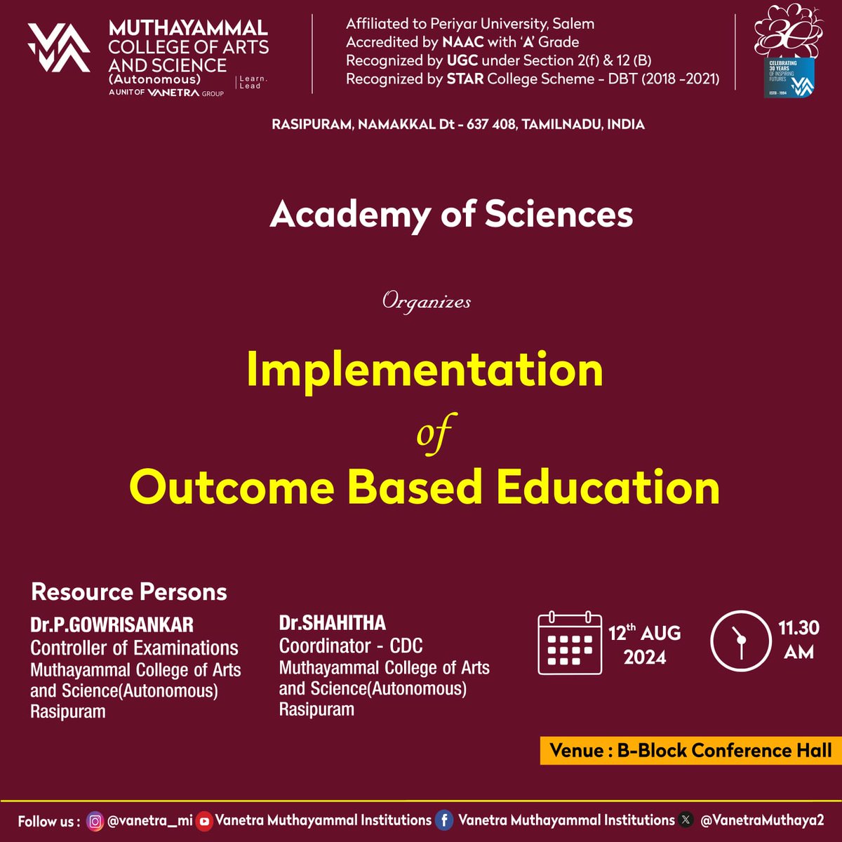 VanetraMuthaya2's tweet photo. 🌟 Exciting Event Alert! 🌟
The Academy of Science is organizing a special session on the Implementation of Outcome-Based Education on 12.8.2024.
#OutcomeBasedEducation #AcademicExcellence #EducationInnovation #AcademyOfScience #LearningOutcomes #FutureOfEducation #MCAS https://t.co/dCMv6p5UHV