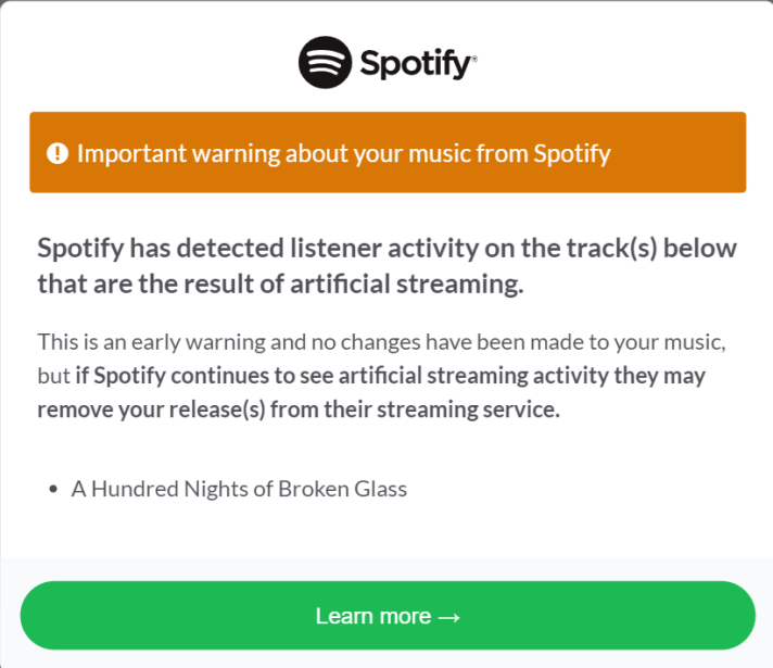 DTH_T_LL's tweet photo. I love how @Spotify supports musicians. An example is how they punish artists for being added to bot playlists w/o evidence the artists have done anything. Instead of fixing their own broken system.

It's things like these which show how much they care about the music community. https://t.co/LGNj6FpOHe