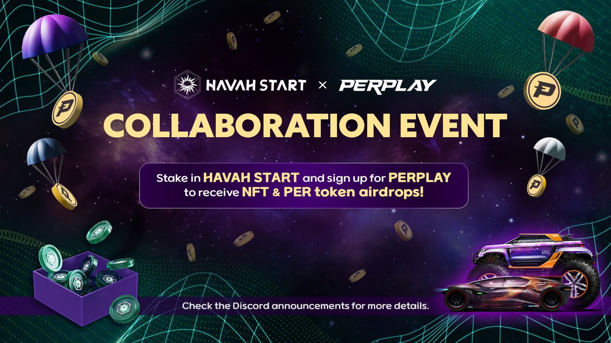 📢 HAVAH START Staking Event Announcement 📢

Stake <a href="/HAVAHofficial/">HAVAH</a>  and sign up for
#PERPLAY to get a chance to receive
a PER airdrop and an NFT airdrop 🎯

📆 Staking Event : August 12 - October 11
📆 NFT Airdrop Event : August 12 - September 9
📌 25 PERPLAY Normal NFTs / 25