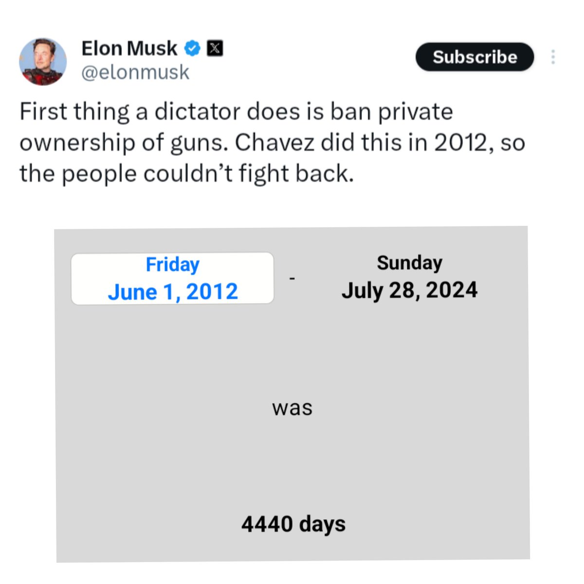 ZenOfMakaveli's tweet image. 𝗩𝗲𝗻𝗲𝘇𝘂𝗲𝗹𝗮 banned private gun ownership effective June 1 2012 

𝟰𝟰𝟰𝟬 days before the 2024 #Venezuela Elections. 

𝟰𝟰𝟰 is 🗝️ 

For example ... 

𝟰𝟰𝟰th Prime number is 3119 

3119 days separate the &apos;93 WTC 💣 &amp;amp; 9/11/2001. #FutureProvesPast