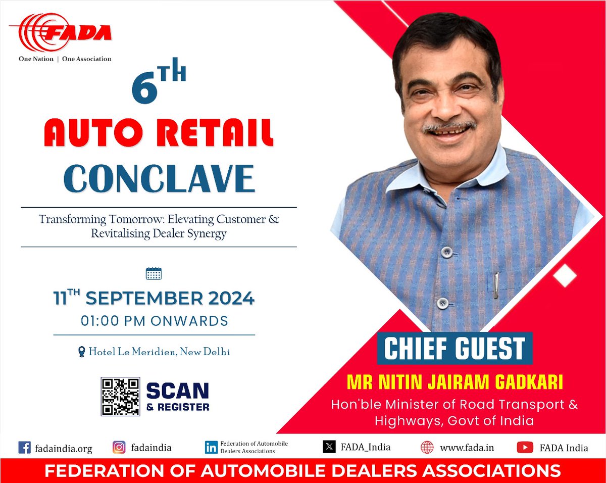 FADA_India's tweet photo. We are immensely honored to welcome our Chief Guest, Mr @nitin_gadkari , Hon'ble Minister of Road Transport &amp; Highways, @GovernmentIndia , to 6th #AutoRetailConclave

Date: 11th September 2024
Time: 01:00 PM Onward
Venue: Le Meridien, New Delhi

Register: https://t.co/msFVV9zQaZ https://t.co/gltVSyjitP