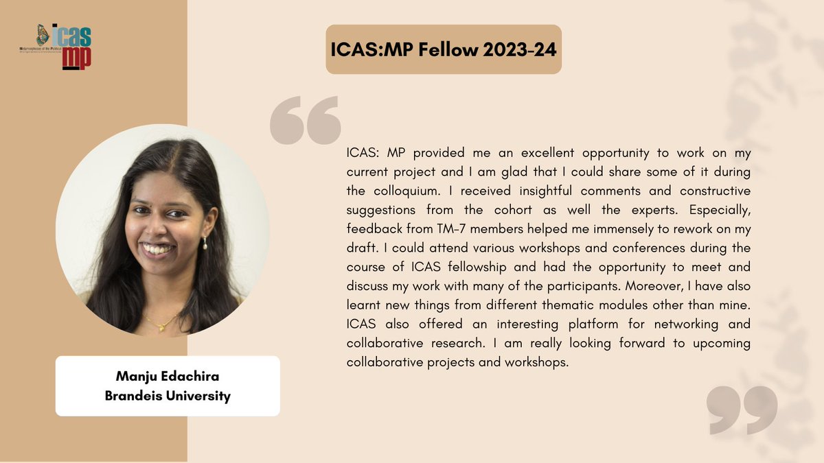 icas_mp's tweet photo. 💡Hear from our fellows!
@manjuedachira (Postdoctoral Fellow @BrandeisU) shares her insightful feedback on the ICAS:MP fellowship programme.
📢Check out the ongoing call for applications: https://t.co/YeFJeS4d3c
#Research #Fellowship #ICASMP https://t.co/Q7pSK8KhgF