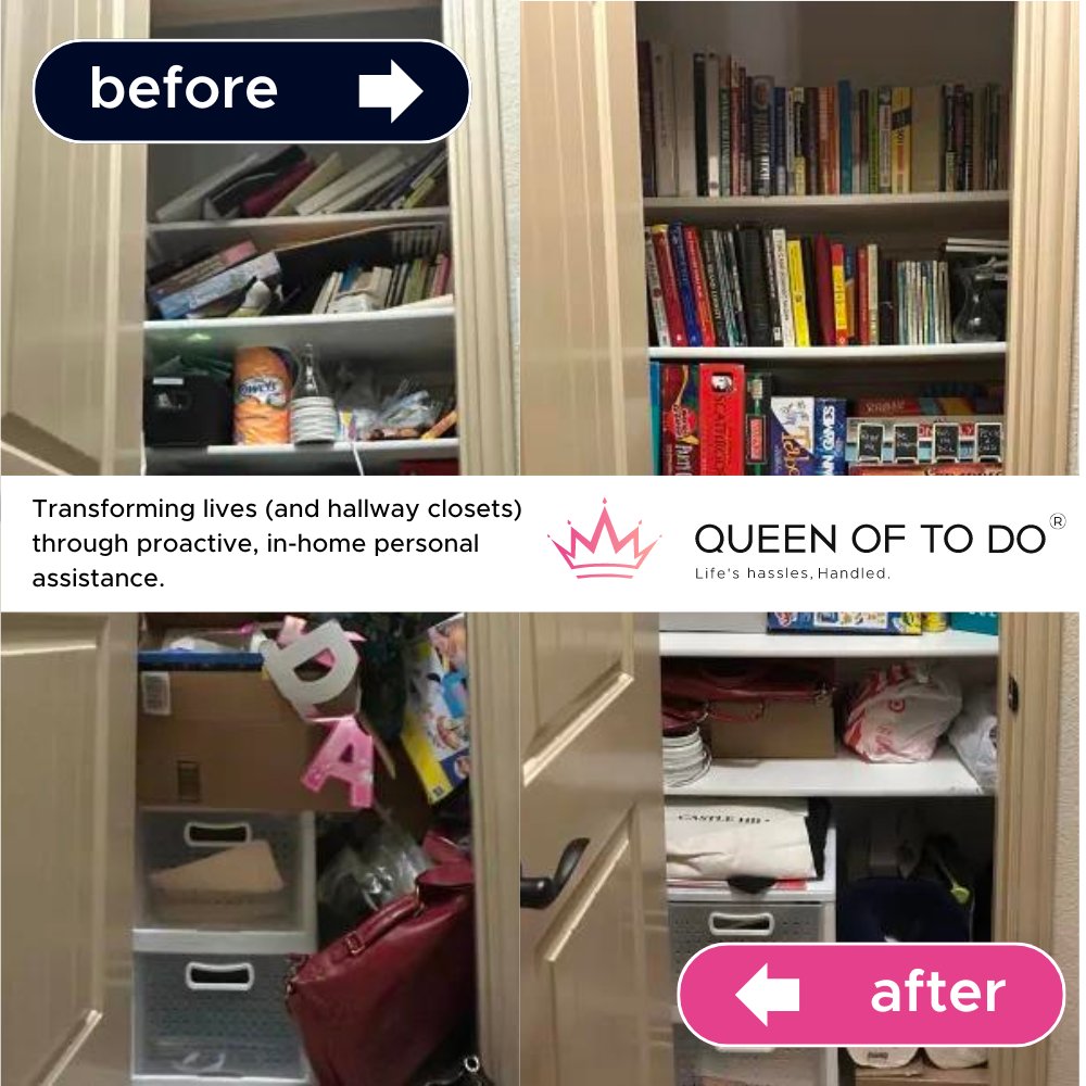 Queenoftodo's tweet image. Is your hallway closet one more birthday banner, book, or board game away from a total explosion? 😅 We get it! Check out this transformation where we turned chaos into calm with a little Queen of To

#declutterwithme #organizedcloset #beforeandafter #littlethings #hallwaycloset