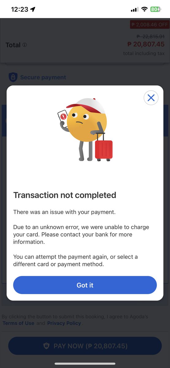 ayowen's tweet photo. Hi @agoda what's wrong the app? I can't book another ticket. Send help! https://t.co/AMS8a8nfPf