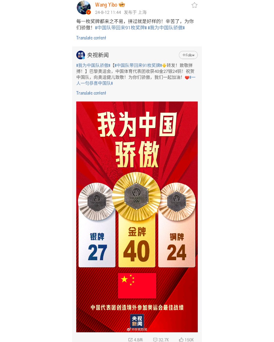 #WangYibo expresses his support, and appreciation as Chinese athletes brought back 91 #Olympic2024 medals~

“Every medal is hard-earned, and you deserve it if you fight hard! Thank you for your hard work, and I’m proud of you!”

240812 UNIQ-王一博 Repost
weibo.com/5492443184/506…