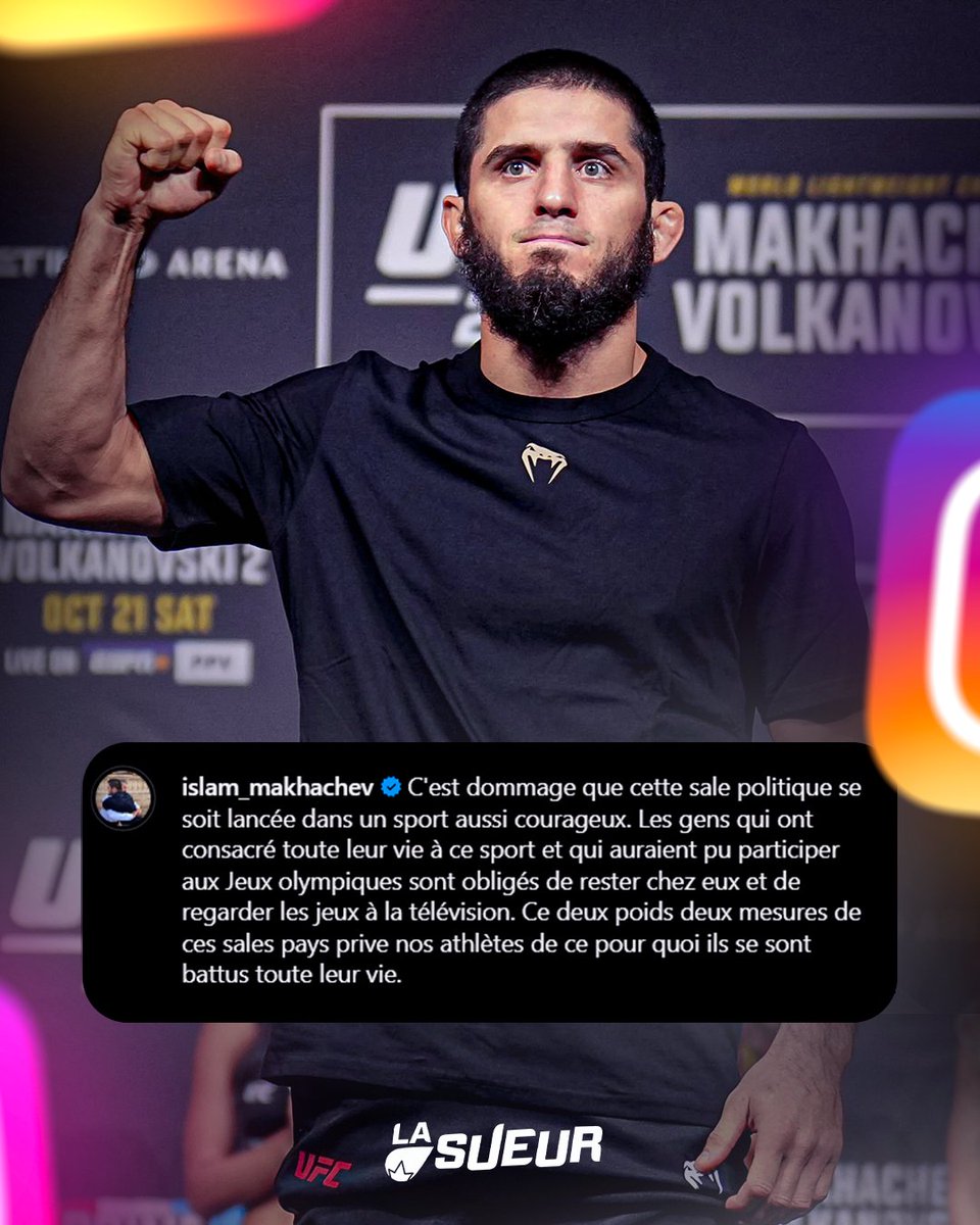 LaSueur_off's tweet photo. Islam Makhachev s’exprime sur l’exclusion de la Russie de ces JO de Paris 2024 et déplore l’absence des lutteurs russes. 🤼‍♀️🇷🇺

(via islam_makhachev sur IG)