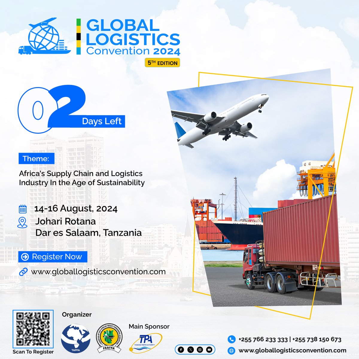 TaffaOrg's tweet image. Only 2 days until the Global Logistics Convention (GLC)!     

Ready to discuss Africa's supply chain and logistics in the age of sustainability? 

Join us! #GLC2024 

Don't miss out—register today!  globallogisticsconvention.com #SustainableLogistics #GLC2024 
@tpa_tz
 
@FEAFFA