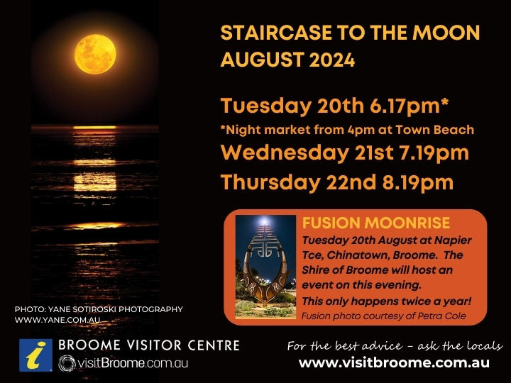 August 2024 Staircase to the Moon in Broome, WA
Tuesday 20th August 6.17pm *Staircase night market 4-8pm at Town Beach Precinct and FUSION moonrise at Napier Tce, Chinatown.
Wednesday 21st August 7.19pm 
Thursday 22nd August 8.19pm  Learn more > visitbroome.com.au/info/staircase…