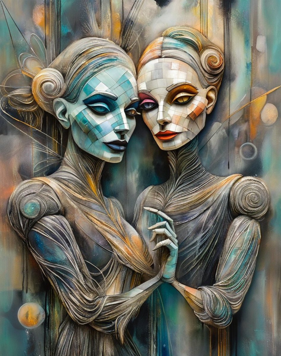 andy_corah's tweet photo. ✨ Celestial Dance: The Puppets' Bond ✨

In shadows cast, where two puppets meet,
Their strings entwine in a dance, bittersweet.
Amidst the lines and shapes they find,
A silent connection, deeply entwined. ALT...🎨

#AIArt #art #image #ArtOfConnection #SurrealCreatures https://t.co/chT7UdHdeA