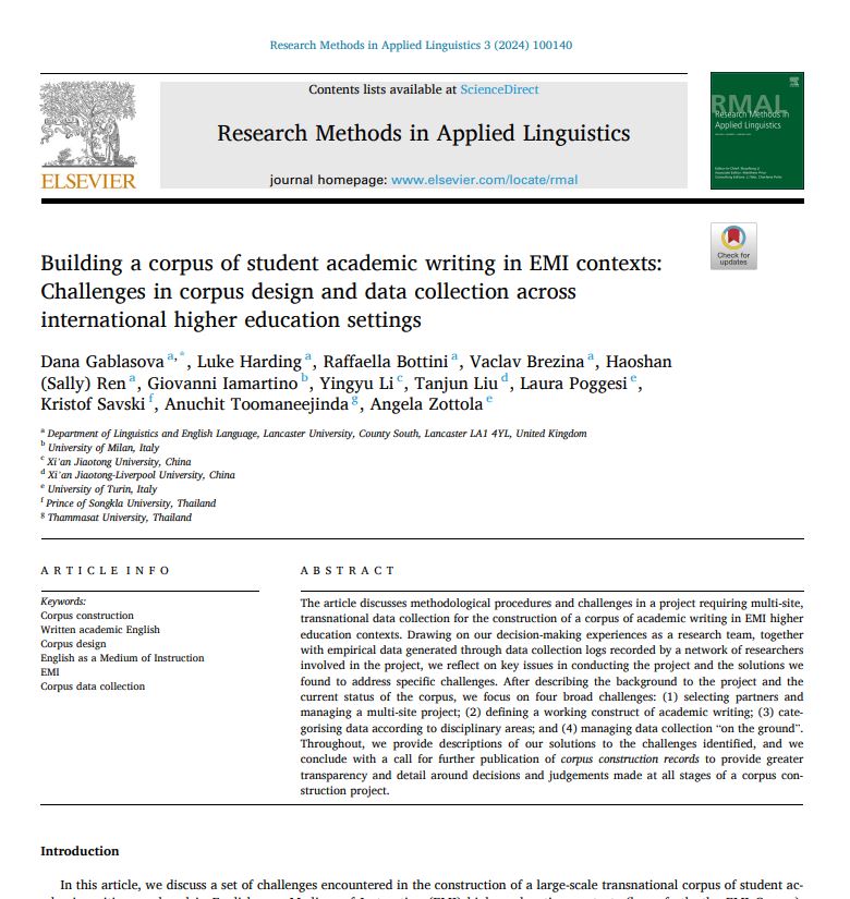 Dana Gablasova (@danagablas) on Twitter photo Great to see our study on building a corpus of student EMI academic writing published in RMAL! The article describes the interaction of theoretical, methodological and practical factors in a large-scale, multi-site corpus data collection. Free access: sciencedirect.com/science/articl… Great to see our study on building a corpus of student EMI academic writing published in RMAL! The article describes the interaction of theoretical, methodological and practical factors in a large-scale, multi-site corpus data collection. Free access: sciencedirect.com/science/articl…