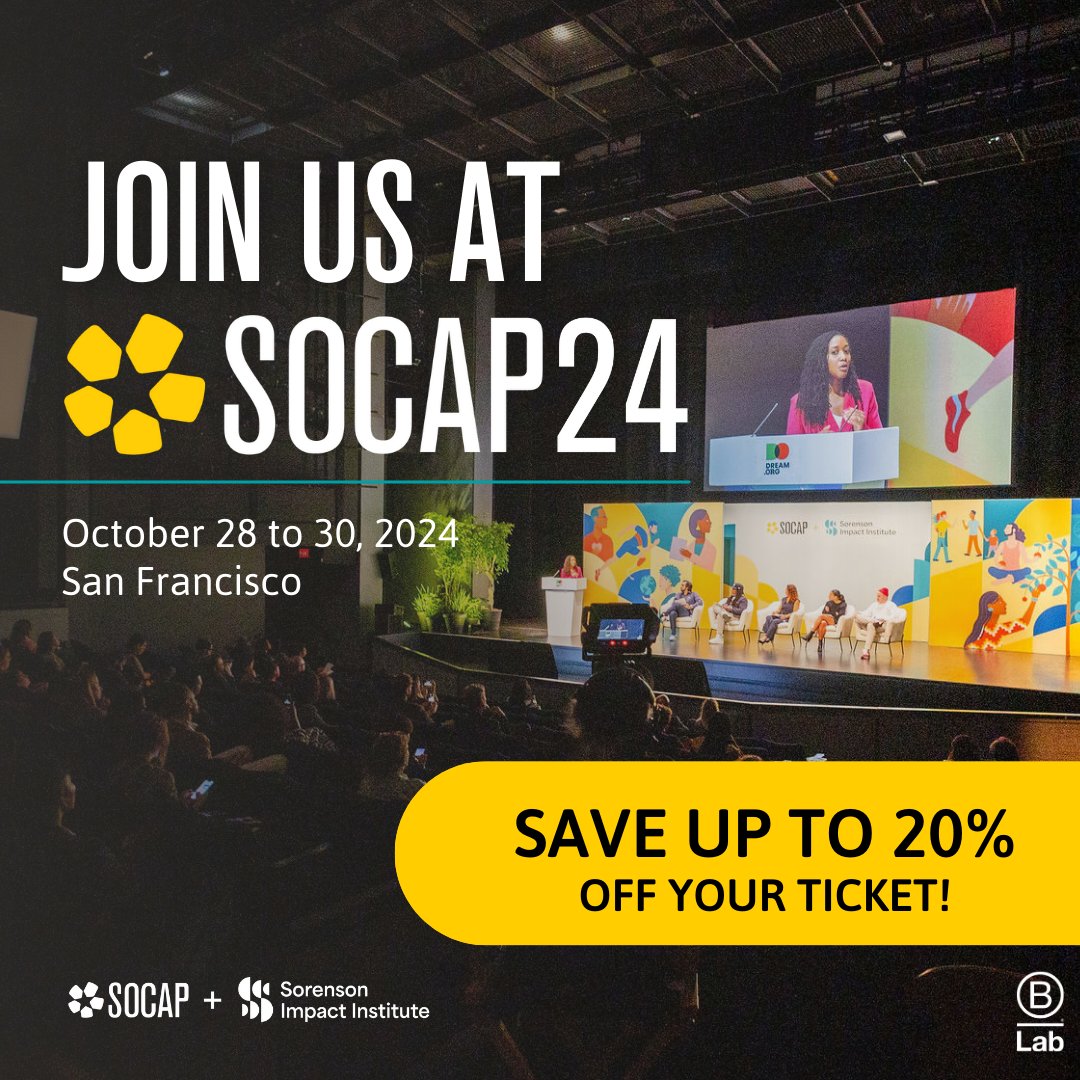 🚀 Excited for #SOCAP24 in San Francisco, Oct 28-30! 🌍 Join us to drive transformative change for people and the planet.

🎟️ B Corps, grab an exclusive 20% discount on tix by filling out this form bit.ly/3SLHigC. Don't miss out—be part of the future! 🙌 <a href="/SOCAPmarkets/">SOCAP Global</a>