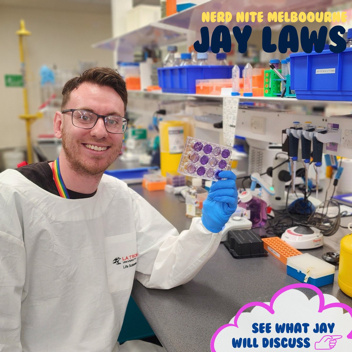 nerdnitemelb's tweet photo. Ever wondered how our bodies react after they are infected with a virus? At our next show, @JayLaws15 will describe how he has discovered how tiny 'fatty soldiers' in our cells can boost immunity and help fight viruses! 🦠💪 

Tickets are on sale now! https://t.co/cbMB0wL1yw https://t.co/iLgh3LV9Tr