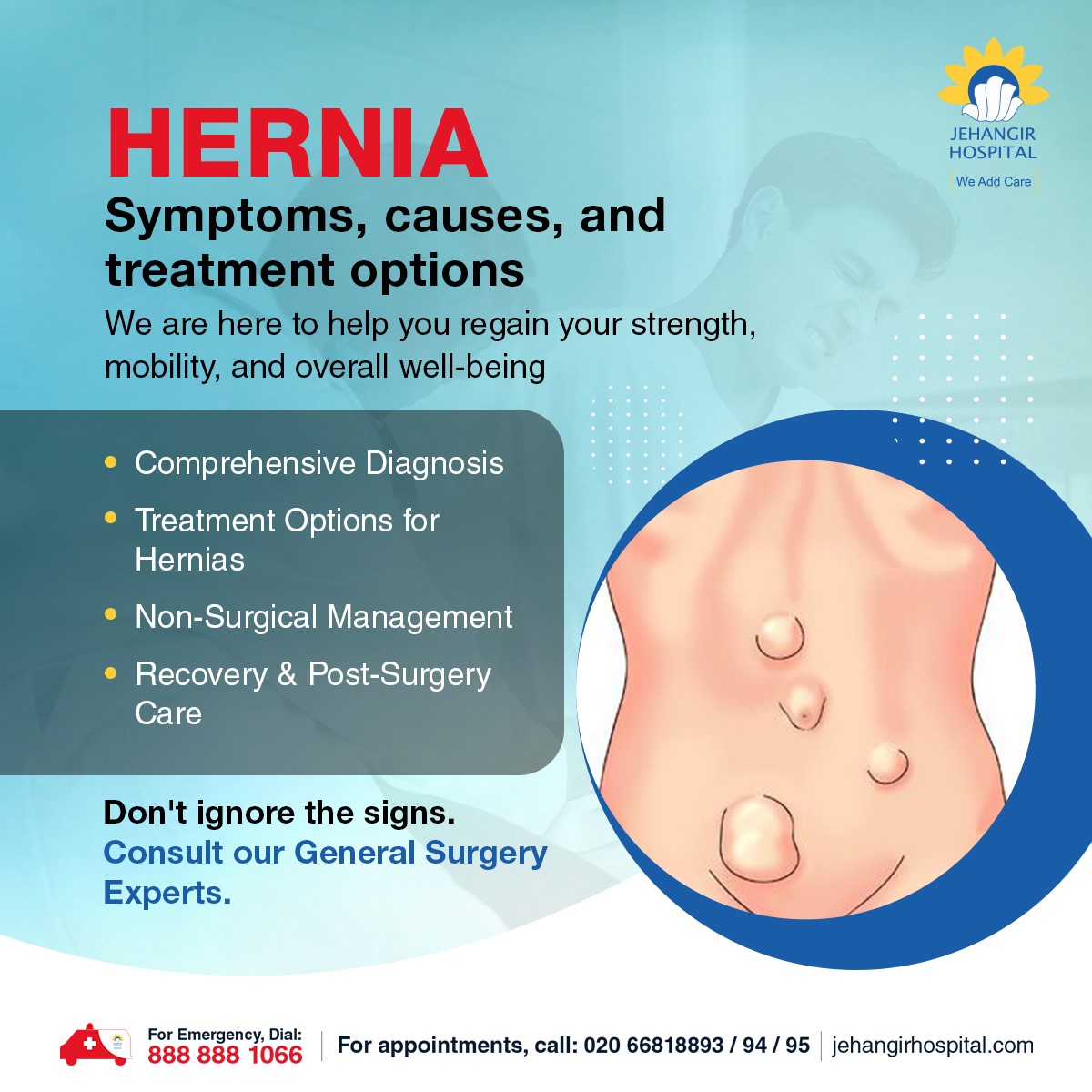 JehangirCare's tweet image. A hernia occurs when part of an organ pushes through a weak spot in your abdominal wall. Symptoms may include a bulge, pain, or discomfort. Left untreated, hernias can worsen. 
#HerniaRepair #MinimallyInvasiveSurgery #QuickRecovery #HealthFirst #SurgeryCare #StayHealthy