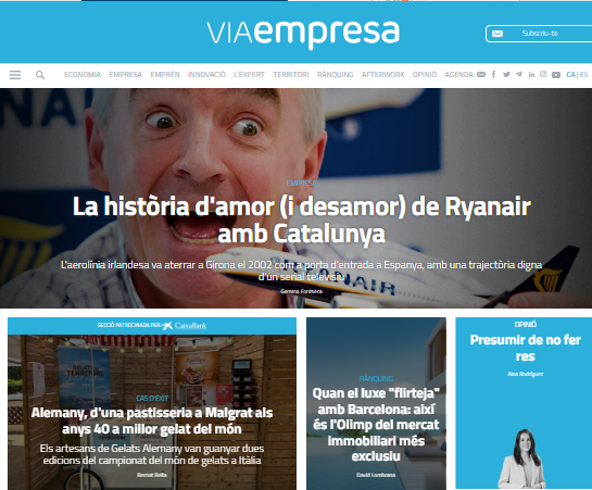 VIAEmpresa's tweet photo. Bon dia! La portada de VIA Empresa d'avui 🗞️:

🔵 La història d'amor (i desamor) de Ryanair amb Catalunya.
🔵 Alemany, d'una pastisseria a Malgrat als anys 40 a millor gelat del món.
🔵 Presumir de no fer res, per Aina Rodríguez.

👉 https://t.co/SR7JNGwWV1 https://t.co/K3a1aYTvLh