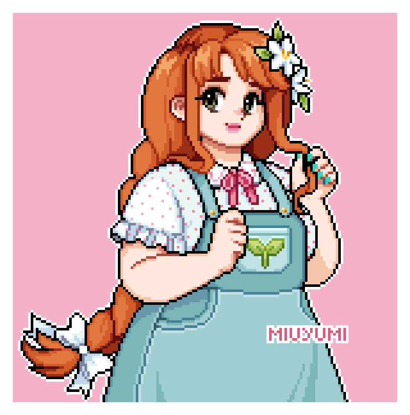 I couldn't resist and made myself into a <a href="/FieldsofMistria/">Fields of Mistria ✨ Out Now in Early Access</a> NPC!✨

This is the spring outfit, I'll be working on the other ones on my free time 🩵

I'd like to make clay mugs and pots, and sell potted plants to decorate your house on the Saturday Market! 

Would you befriend me?👀