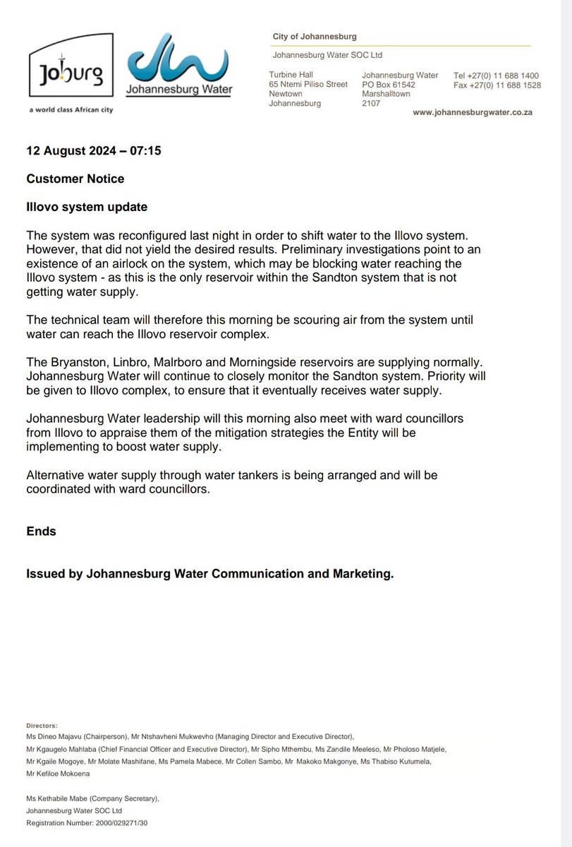 JHBWater's tweet photo. #JoburgUpdates
#IllovoSystem https://t.co/SOeAPuk4qf