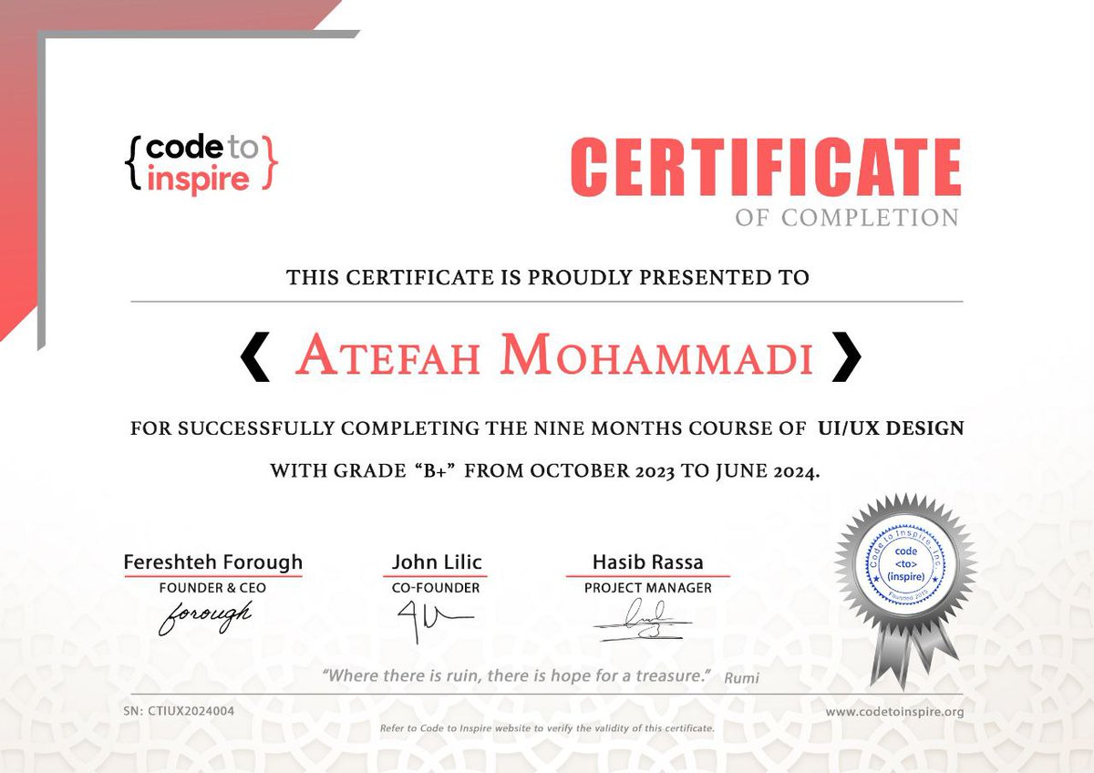 AtefaAbedi's tweet photo. I'm thrilled to share that I’ve just earned my certificate in UI/UX design! Thanks to everyone who supported me along the way! Here’s to new beginnings and exciting projects ahead.
#ShopifyPartner #AfghanGirlsCode
@CodeToInspire @itsHujjat  @f_forough @Kawsar_Ashtari https://t.co/Ye4UztFcNj