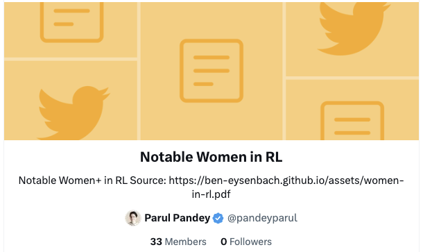 Parul Pandey (@pandeyparul) on Twitter photo Based on the poster by <a href="/ben_eysenbach/">Ben Eysenbach</a> poster on Notable Women+ in RL, I’ve compiled a list of these amazing women for you to follow on X. Some may not be on X but If I missed anyone, please let me know.
x.com/i/lists/182285… Based on the poster by <a href="/ben_eysenbach/">Ben Eysenbach</a> poster on Notable Women+ in RL, I’ve compiled a list of these amazing women for you to follow on X. Some may not be on X but If I missed anyone, please let me know.
x.com/i/lists/182285…