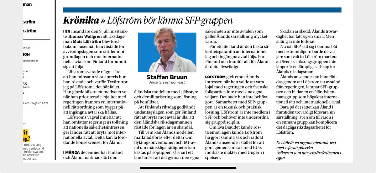 Mats Löfström bör lämna SFP-gruppen i riksdagen. Läs min krönika i dagens Ålandstidningen.