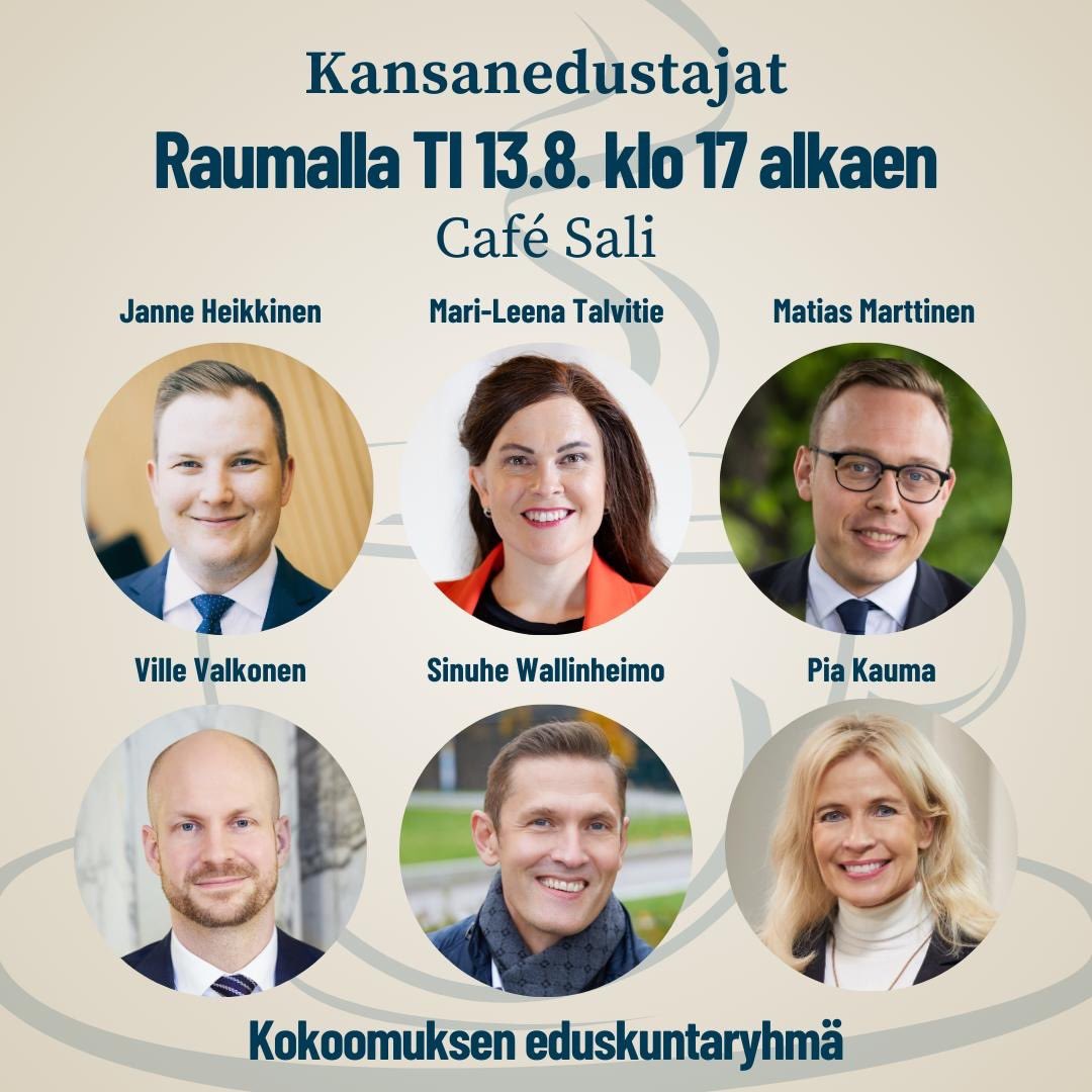 Politiikan syyskausi käynnistymässä ⚒️ Eduskuntaryhmämme työvaliokunta kokoustaa tällä viikolla #Rauma - tervetuloa keskustelemaan huomenna klo 17 💬🇫🇮

<a href="/kokoomus/">Kokoomus</a> <a href="/SatakunnanKOK/">SatakunnanKokoomus</a> <a href="/MatiasMarttinen/">Matias Marttinen 🇺🇦</a> <a href="/swheimo/">Sinuhe Wallinheimo</a> <a href="/heikkinenjanne/">Janne Heikkinen</a> <a href="/PiaKauma/">Pia Kauma</a> <a href="/marileenat/">Mari-Leena Talvitie</a>