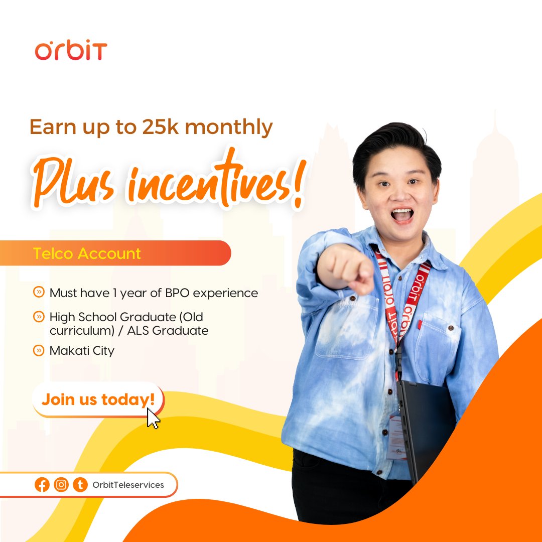 OrbitCareerHub's tweet photo. Unlock your potential with a Telco career—earn up to 25k monthly + amazing incentives! Apply now!

Apply Here: https://t.co/tFgySIRvIe https://t.co/GqQqJK2XiH