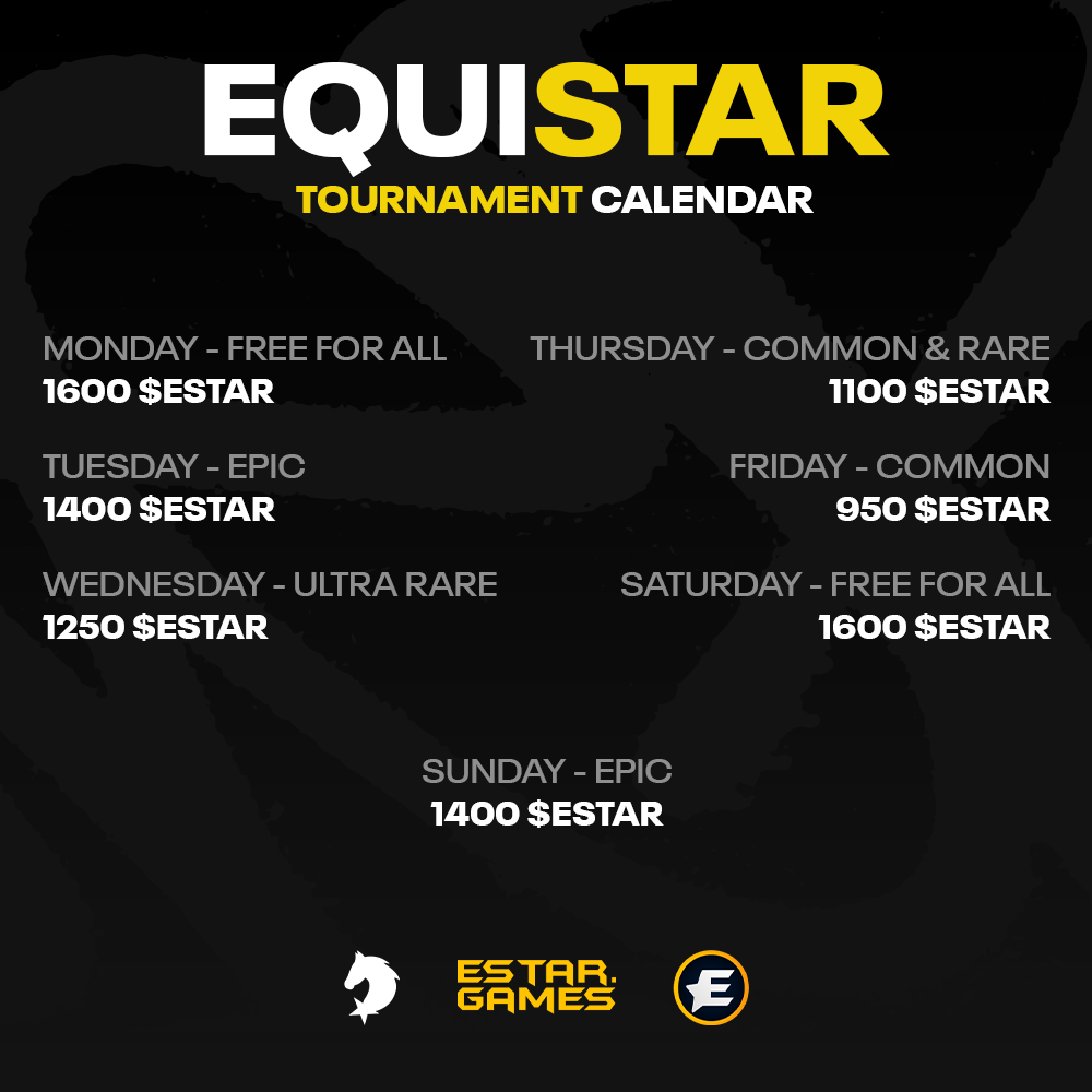 EstarToken's tweet photo. 🏇This Week’s Equistar Tournaments! 🌟
Get ready for a week full of exciting $ESTAR tournaments on #EquiStar! Every day brings a new chance to race and win big.
🏆Secure your spot, race hard, and claim those $ESTAR prizes!
➡️https://t.co/diEGIAUvFe
#MultiversX #MultiversXCommunity #MultiversXNFTs #NFTGaming #NFTGame #NFTs #NFT #NFTCommunity #NFTEvent