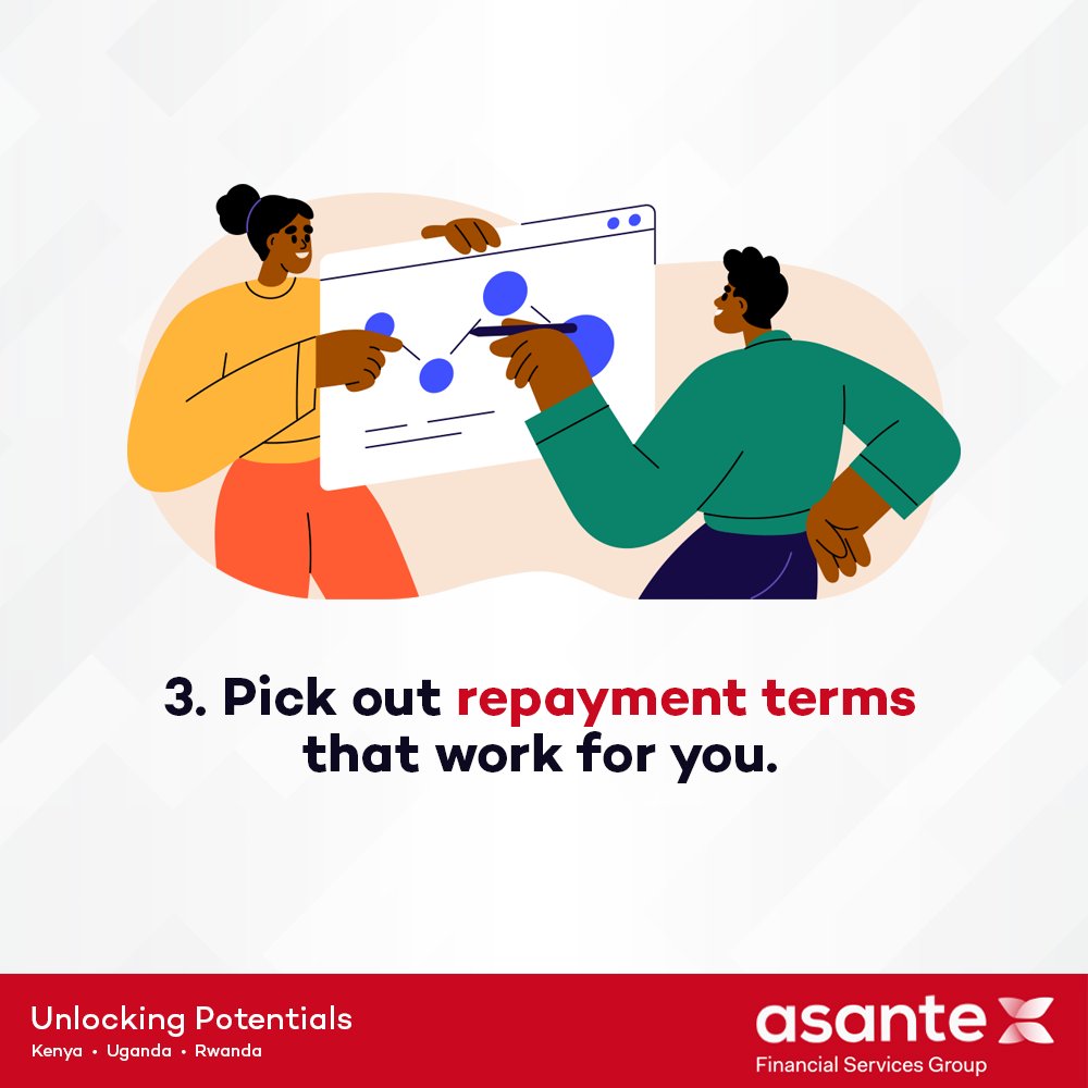 3 steps to get you going as you apply for business loans 📊💸
1. Identify a regulated lender like Asante FSG to meet your financial needs.
2. Prioritize what's important to you and get the loan that fits your business perfectly.
3. Pick out repayment terms that work for you.