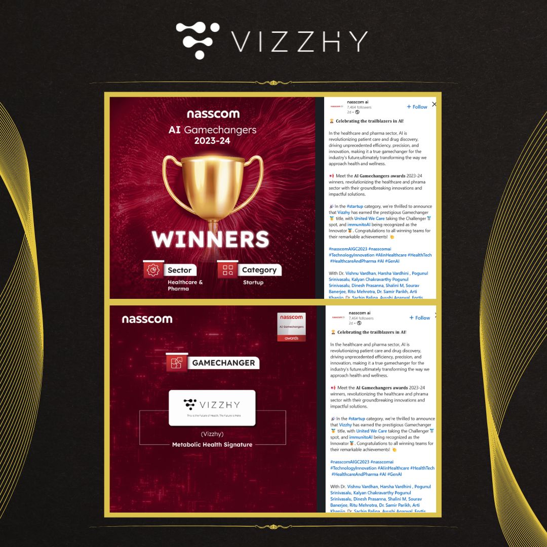 Vizzhy_Health's tweet photo. Vizzhy has bagged the prestigious Gamechangers title at Nasscom's 𝐀𝐈 𝐆𝐚𝐦𝐞𝐜𝐡𝐚𝐧𝐠𝐞𝐫𝐬 A𝐰𝐚𝐫𝐝𝐬 2023-24. The award is given to companies at the forefront of revolutionizing the healthcare and pharma sector with groundbreaking innovations and impactful solutions. https://t.co/ihJ3THCyig