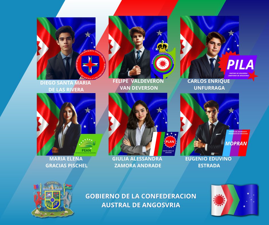 Gobierno de Angosvria:  
A si sera la tabla de los seis candidatos oficiales inscritos en SERNAEL de cara a en la elecciones federales 2024 de Angosvria.
 #Angosvria #Políticas #Micronations #Micronaciones