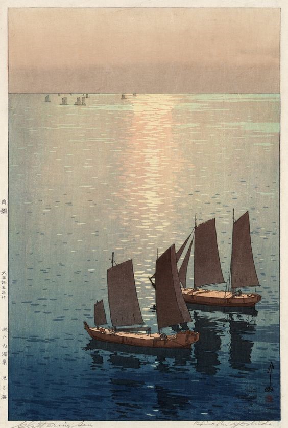 artinsociety's tweet image. Admiring the water reflections in 20th-century woodblock artist Hiroshi Yoshida’s ‘Glittering Sea’ (1926)