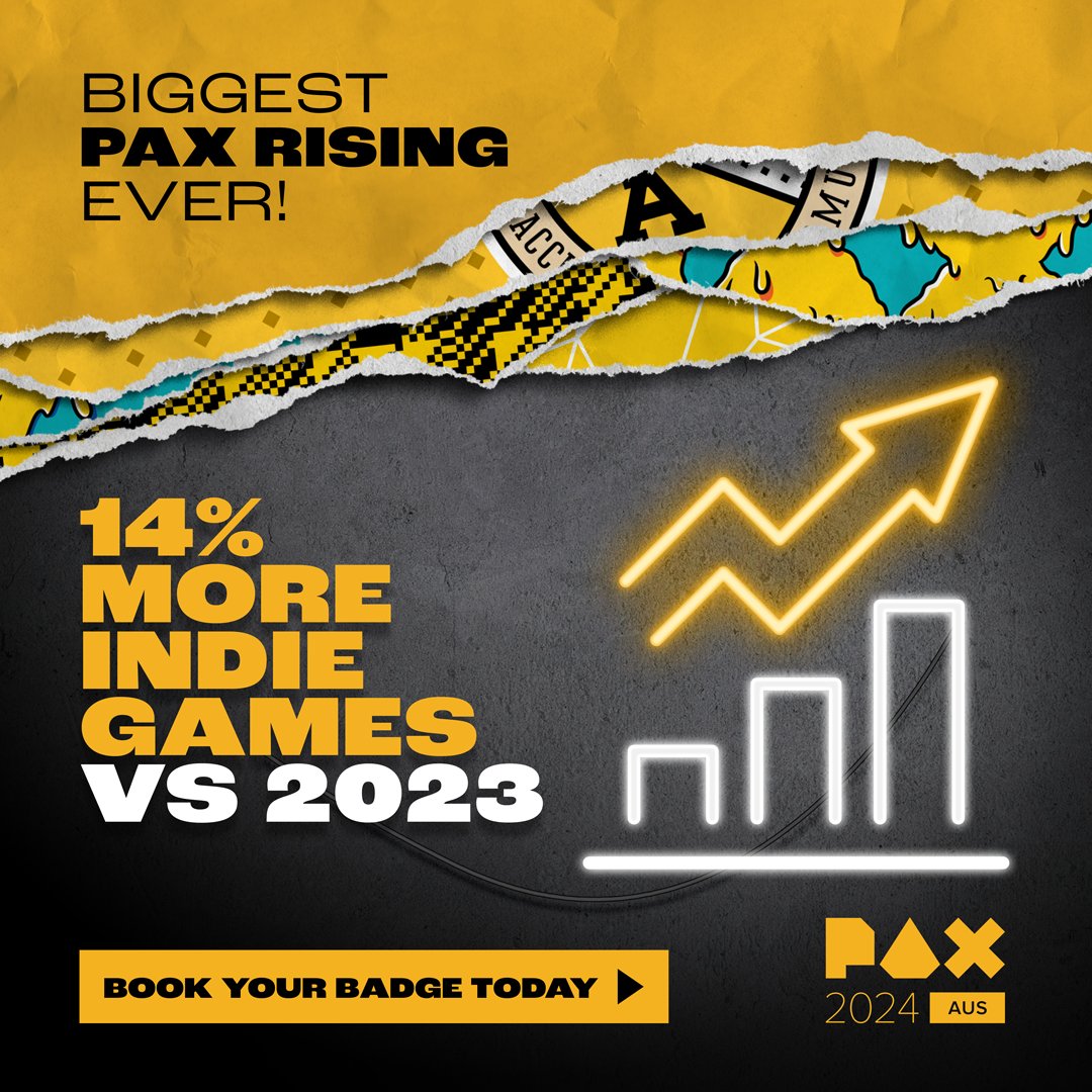 PAXAus's tweet photo. Got Indies? Yes, yes we do! LOTS! Last year was mammoth - this year we've got 14% MORE INDIE GAMES! We counted - all fingers + all toes + more were required! Check out our PAX Rising page here for more: https://t.co/0wmIrdbDZN - more coming soon too!

Haven't grabbed your PAX Badge yet? Get on it! You'll need all 3 days to give yourself the best shot at seeing everything! Book here: https://t.co/OgNH7KKtwJ

PAX Aus 2024 | 11-13 Oct | Melbourne Convention & Exhibition Centre