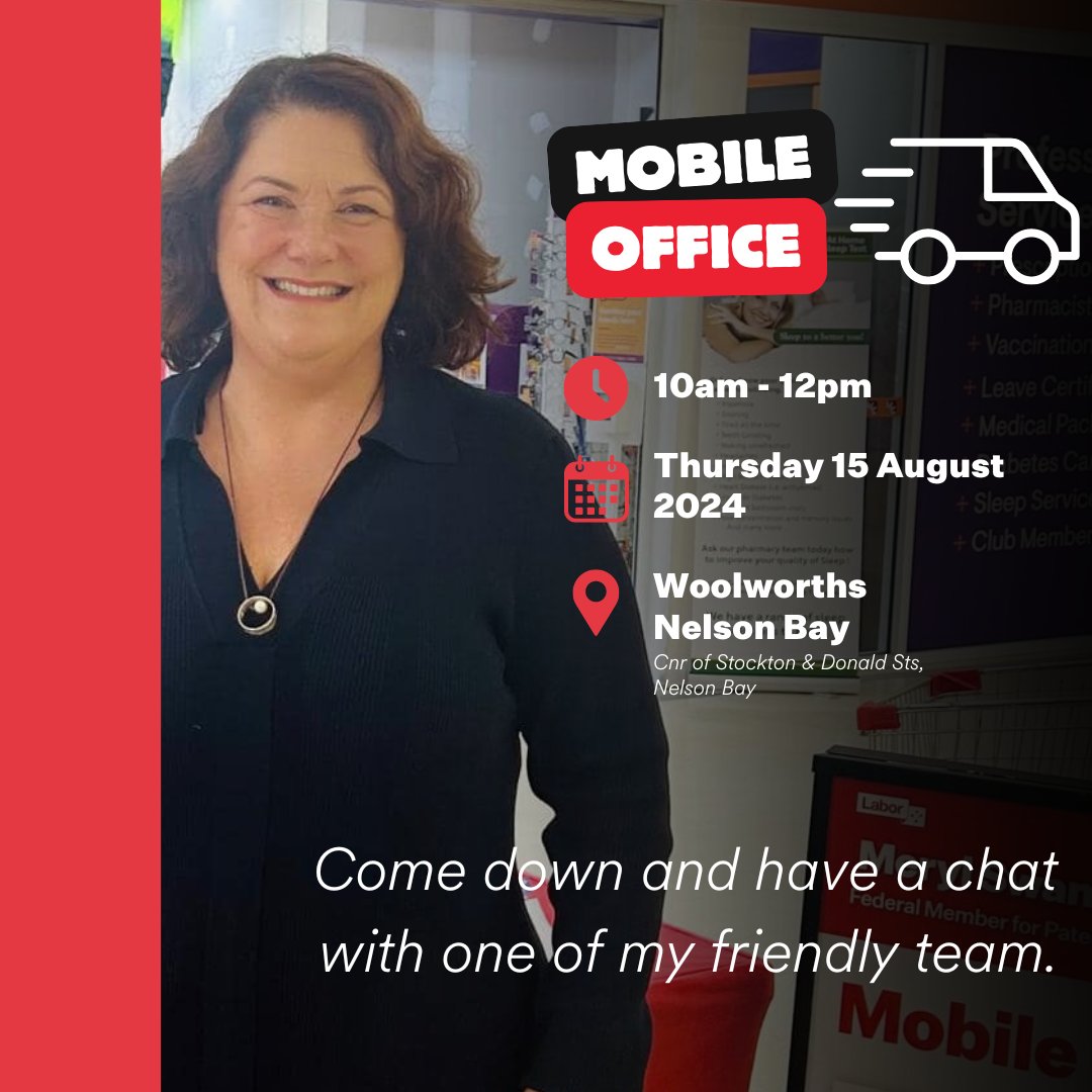 **𝐌𝐎𝐁𝐈𝐋𝐄 𝐎𝐅𝐅𝐈𝐂𝐄 - 𝐍𝐄𝐋𝐒𝐎𝐍 𝐁𝐀𝐘**

Come and visit my friendly staff.

#MerylSwansonMP #championforpaterson
#mobileoffice