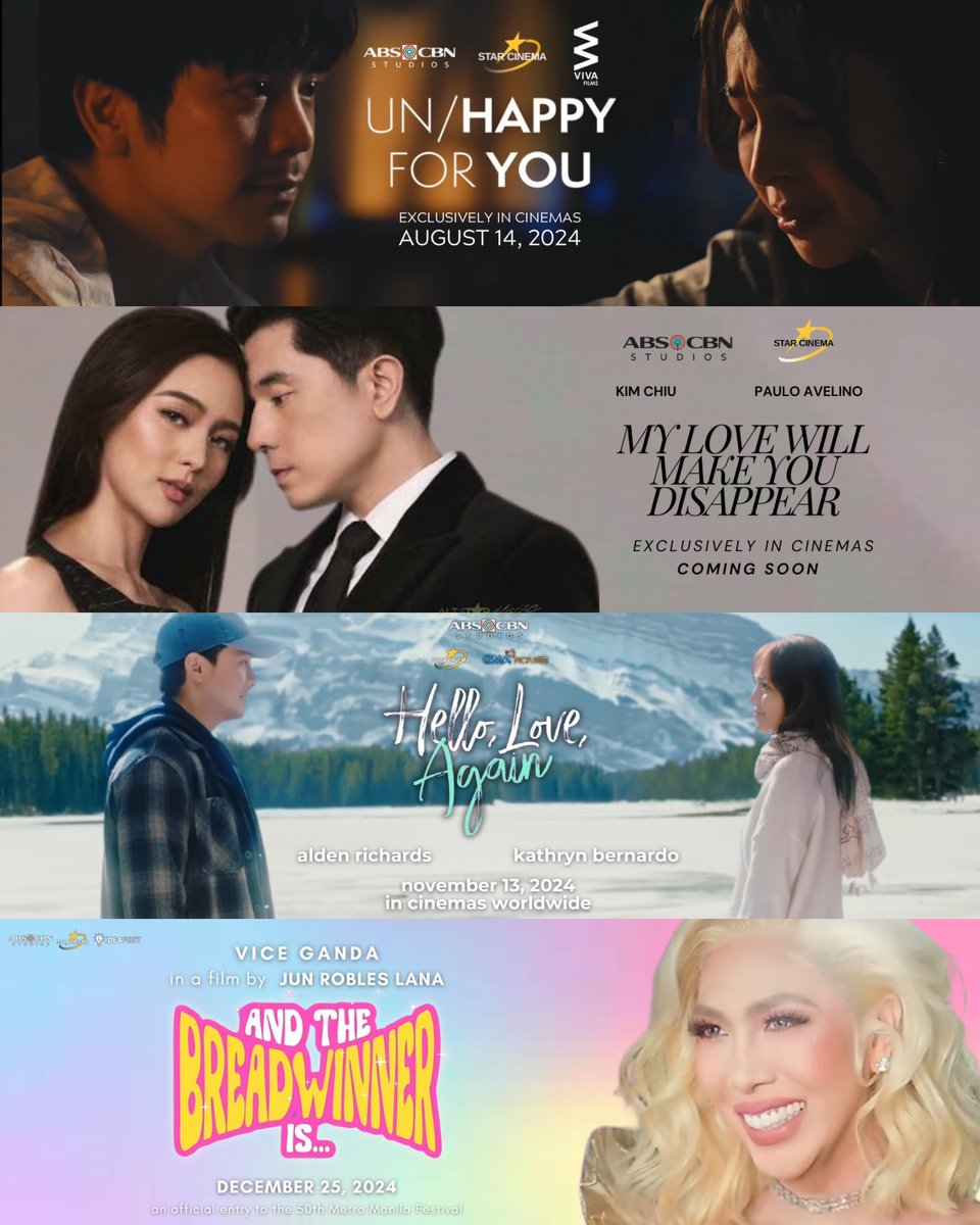 AltStarMagic's tweet photo. LOOK: The four offerings of ABS-CBN Studios and Star Cinema this 2024:

#UnhappyForYou this August 14
#MyLoveWillMakeYouDisappear this… ✨
#HelloLoveAgain this November 13
#AndTheBreadwinnerIs this December 25

This is Star Cinema, THE HOME OF THE BLOCKBUSTER FILMS 💁🏻‍♀️💫 | @StarCinema