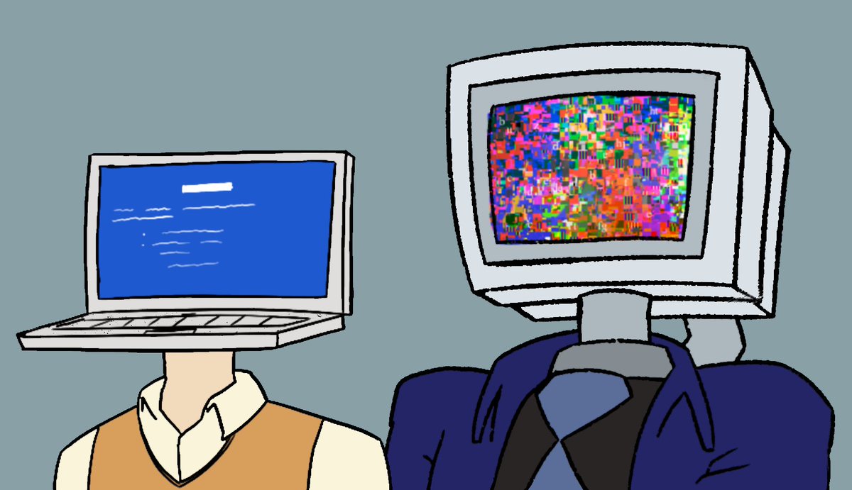 GrindingGearsOF's tweet photo. Those of you who looked at the boys expression sheets might have seen they have an expression with a glitched screen.
Originally both of them were going to have the blue screen, but with research we learned DOS computers didn’t have a BSOD. Usually they just shut off.
#dos #xp https://t.co/FSmpVrgi2u