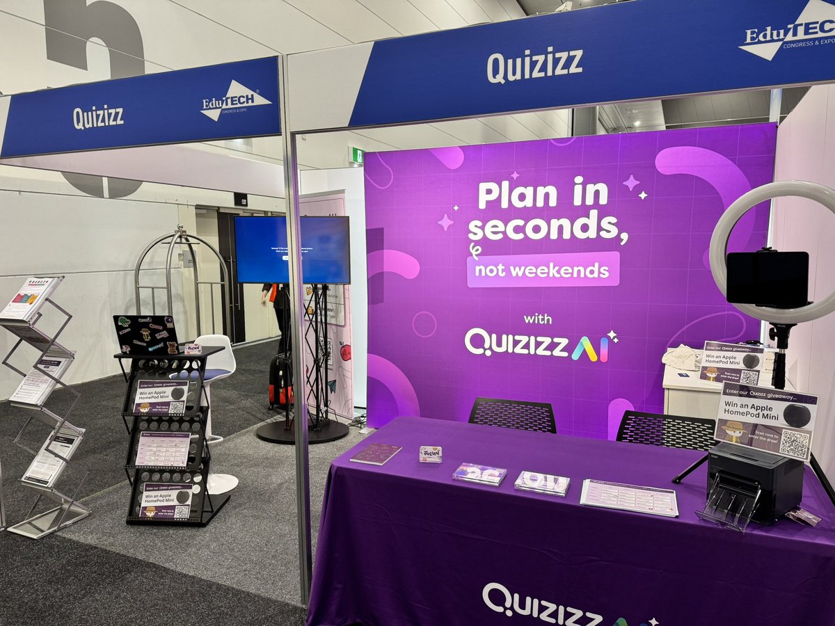 The <a href="/quizizz/">Quizizz (now Wayground)</a> booth (#2302) at @EduTECH_AU is set up and ready for action. If you are here in #Melbourne be sure to drop on by and see why we are one of the fastest growing #AI tools in #Australian #schools. Ohh, and did I mention I brought ALL the #swag with me??