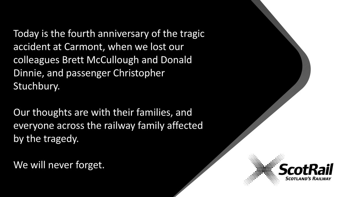 ScotRail's tweet photo. Today is the fourth anniversary of the tragic accident at Carmont, when we lost our colleagues Brett McCullough, Donald Dinnie and passenger Christopher Stuchbury.

Our thoughts are with their families, and everyone across the railway affected by the tragedy. https://t.co/nlHQAWKYjp