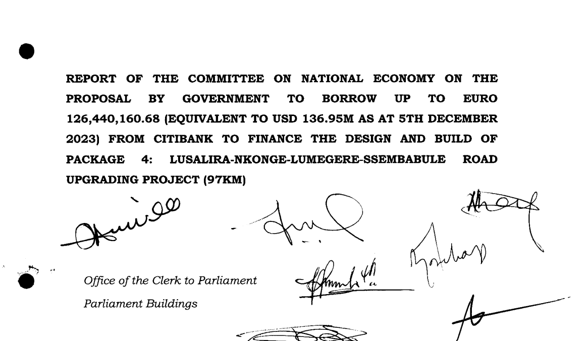 pwatchug's tweet photo. #ReportAlert

This is a National Economy Committee report on the Government  proposal  to #borrow up to Euro 126,440,160.68 (equivalent to USD 136.95m) from Citibank to finance the Design and Building of Lusalira-Nkonge-Lumegere-Ssembabule Road Upgrading Project (97 Km).
https://t.co/tfkWsQrxiu