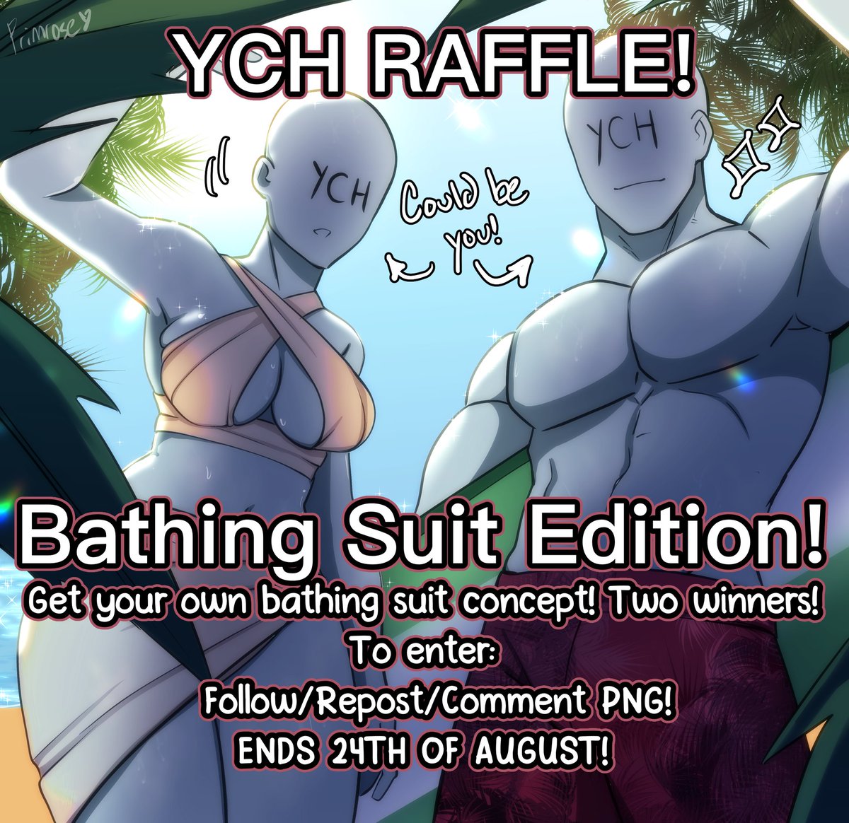 ForbiddenRoseVT's tweet image. Hey guys!!! It's been a bit since I did a raffle-- and I wanted to do one for the last month of summer!! So--
It's bathing suit time!!
How to enter:
-Repost
-Follow Me
-Comment Png
2 winners will be selected, and you will get your own bathing shit design/illustration!!  GOOD LUCK