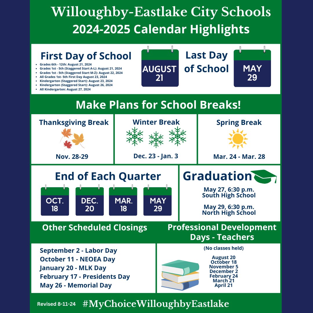 🗓️ Here are important calendar dates for the school year. Please note: South's graduation will be held on Tuesday, May 27th, and North's graduation will be held on Thursday, May 29th. This is a change due to a scheduling conflict. #mychoicewilloughbyeastlake