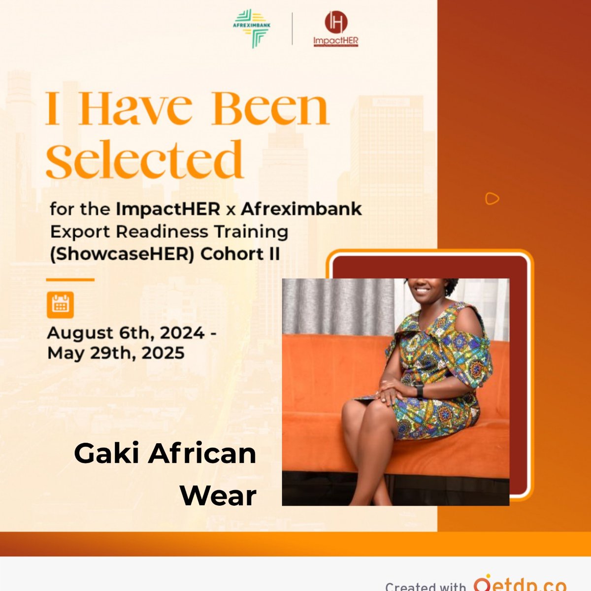 JWagaki's tweet photo. Excited to announce that I've been selected for the 6-month Export Readiness Training Program, ShowcaseHER (Cohort 2), by @ImpactHER x @Afreximbank! This program will empower Gaki African Wear to expand its operations and achieve global relevance. We can’t wait to get started! https://t.co/VBQohxtqlG