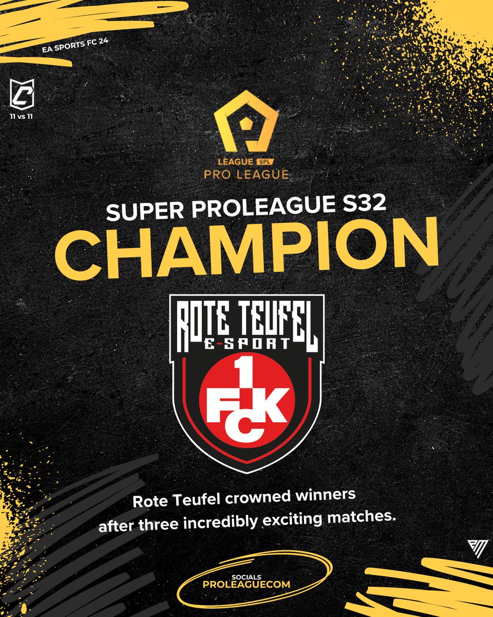 ProLeague (@proleaguecom) on Twitter photo 🏆 SPL CHAMPIONS 🏆
<a href="/RTEsportProClub/">Rote Teufel E-Sport Pro Club</a> crowned winners after three incredible matches and beating out #ESCRellinghausen in the final of the Super ProLeague.
GGs and Congratulations on yet another title this season! 👏
#FC25 #FC24 🏆 SPL CHAMPIONS 🏆
<a href="/RTEsportProClub/">Rote Teufel E-Sport Pro Club</a> crowned winners after three incredible matches and beating out #ESCRellinghausen in the final of the Super ProLeague.
GGs and Congratulations on yet another title this season! 👏
#FC25 #FC24