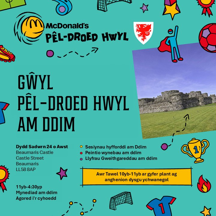 Gŵyl Pêl-Droed Hwyl / Free Fun Football Festival is coming to Beaumaris Castle on Saturday the 24th of August 

11am - 4:30pm - Open to all
10am - 11am - Quiet Hour for children with additional learning needs 

We hope to see you there 
See details below